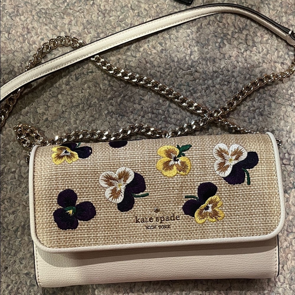 Kate Spade Cream Pansy Toss embroidered chain wallet